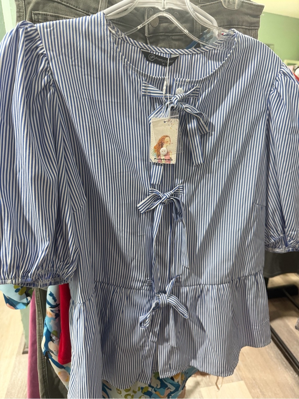 Blue & White Striped Tie-Front Peplum Top
